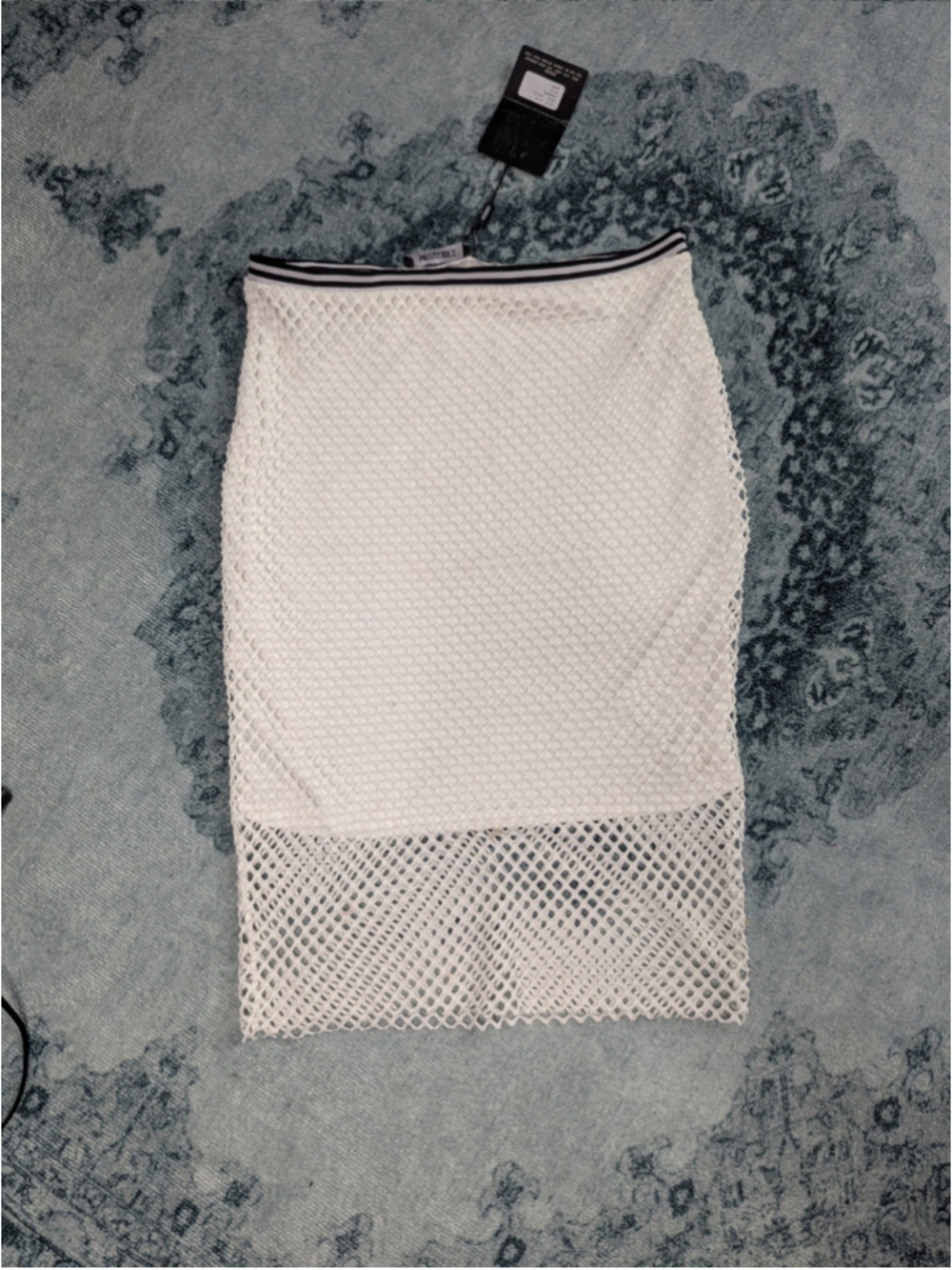 Missguided White Fishnet Mesh Pencil Midi Skirt Striped Waistband NWT Size 10